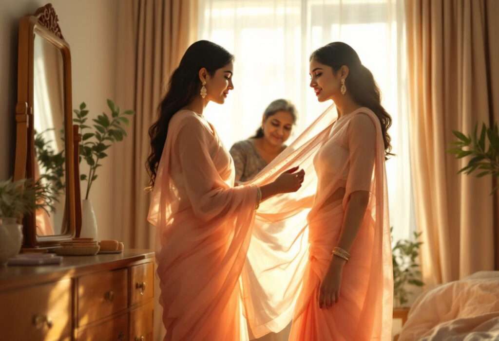 an women is learning to wear a saree
