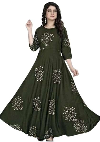 Women's Floral Embroidered Maxi Gown Dress, Olive Green, 3/4 Sleeve, A-Line Kurti