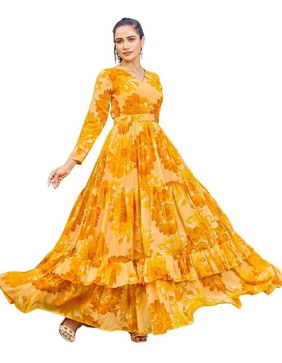 Women's Flared Gown Georgette V-Neck All Over Print Maxi Length