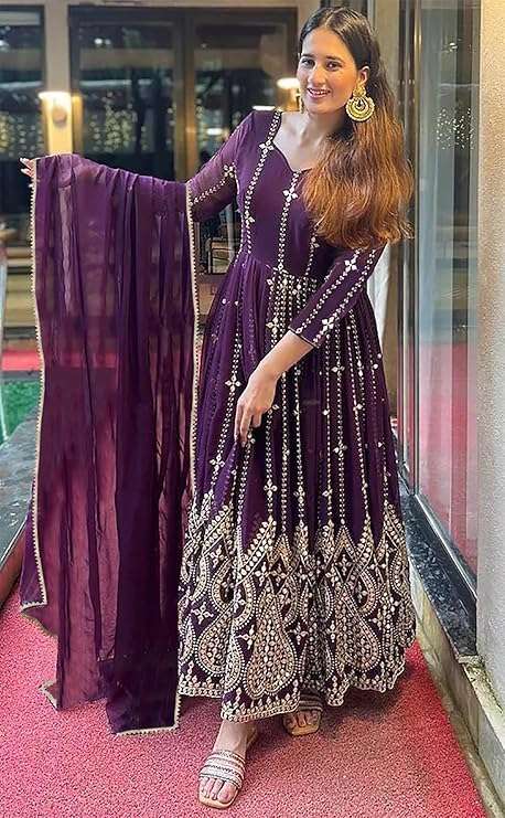 Women Embroidery Georgette Anarkali with Dupatta Set (Purple)