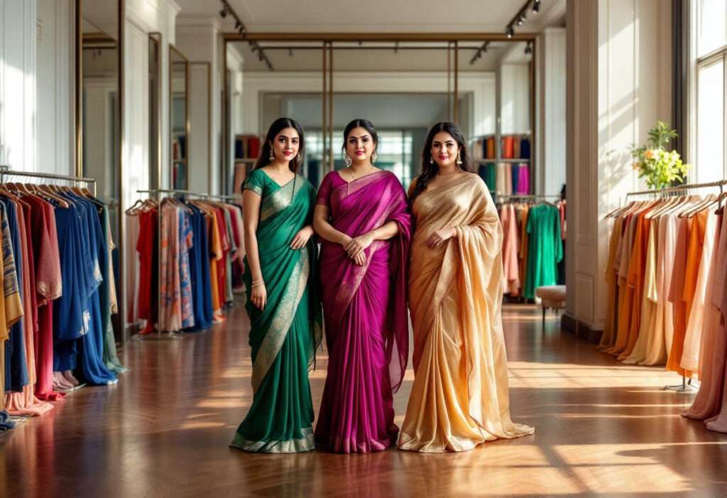 three women wore chiffon saree