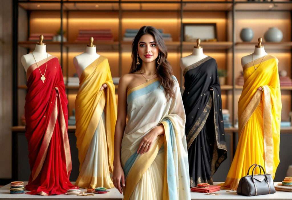 A woman with chiffon sarees