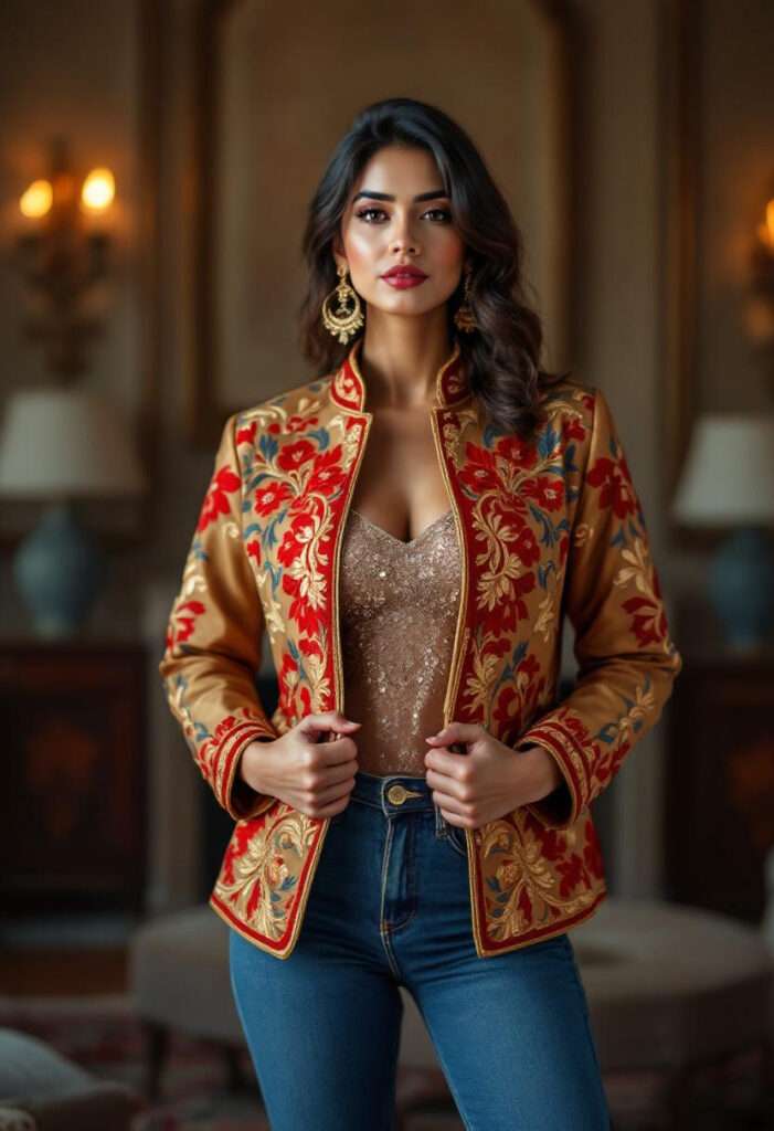 printed jacket wear by a woman